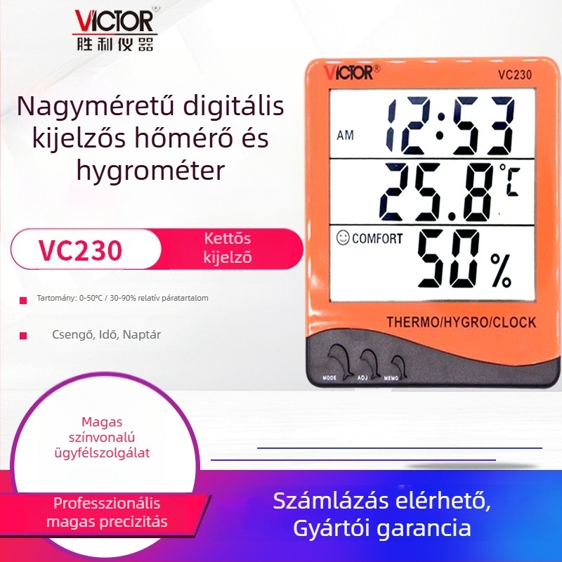 Nagy képernyős beltéri hőmérséklet- és páratartalom-mérő ébresztővel és naptárral VC230/VC230A/VC330, 0-50°C, 30-90% RH, felbontás 0.1
