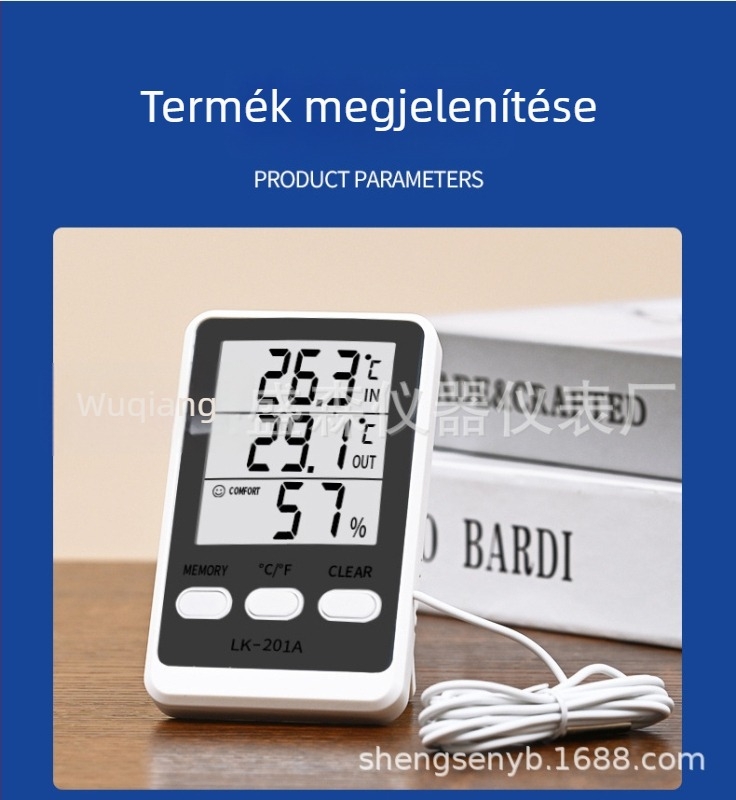 LK-201A elektronikus higrométer és kettős hőmérő hűtőhöz és akváriumhoz, vezetővel, 0,1°C felbontás, ±1,0°C hőmérséklethiba, ±5% RH, AAA elemről működik