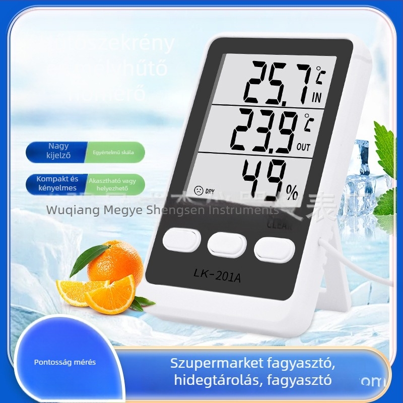 LK-201A elektronikus higrométer és kettős hőmérő hűtőhöz és akváriumhoz, vezetővel, 0,1°C felbontás, ±1,0°C hőmérséklethiba, ±5% RH, AAA elemről működik