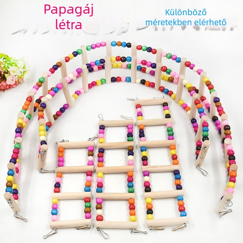 Fából készült madárállvány kapaszkodó lépcsővel, hintával és rágó játékkal