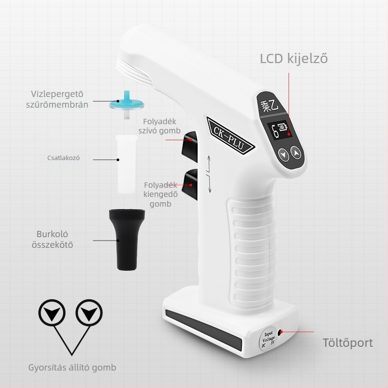 CK-PLU elektromos pipetta – nagy kapacitás, automatikus szívás, állítható pipetta, súly 185 g