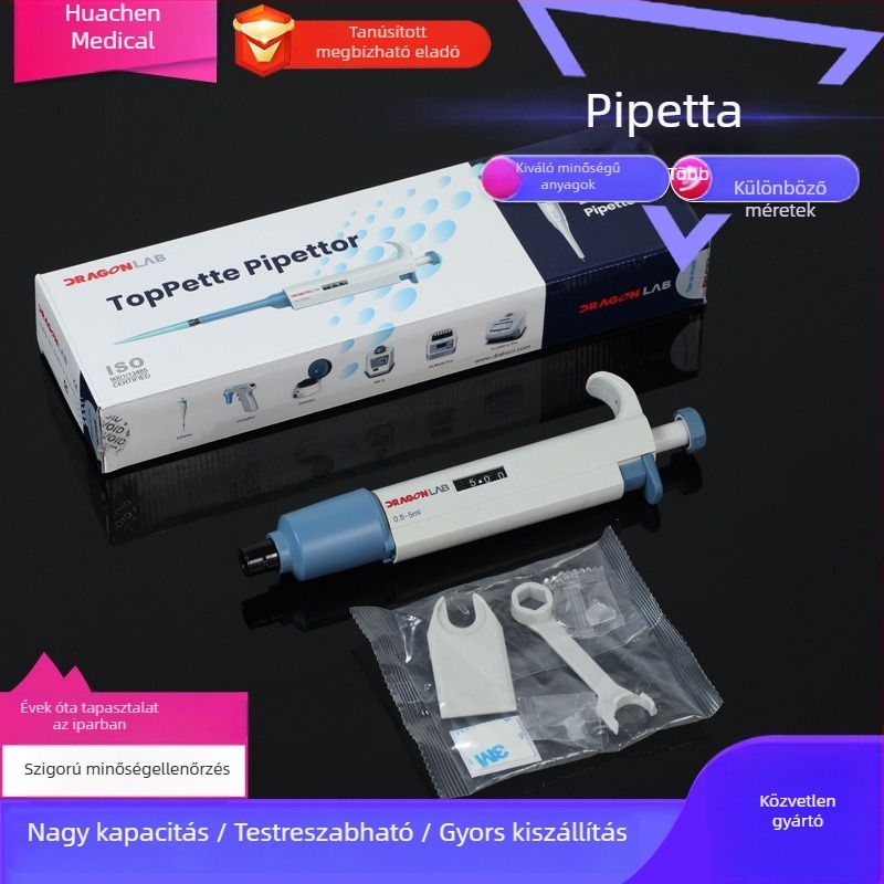Egycsatornás pipetta – állítható, kézi, nagy kapacitású, mikro mennyiség 5 ml / 10 ml / 200 µL / 1 ml