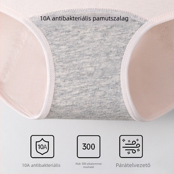 Női menstruációs fehérnemű antibakteriális, 3 rétegű szivárgásmentes védelem, magas derekú; fő anyag 95% pamut, ágyék belső része 100% pamut