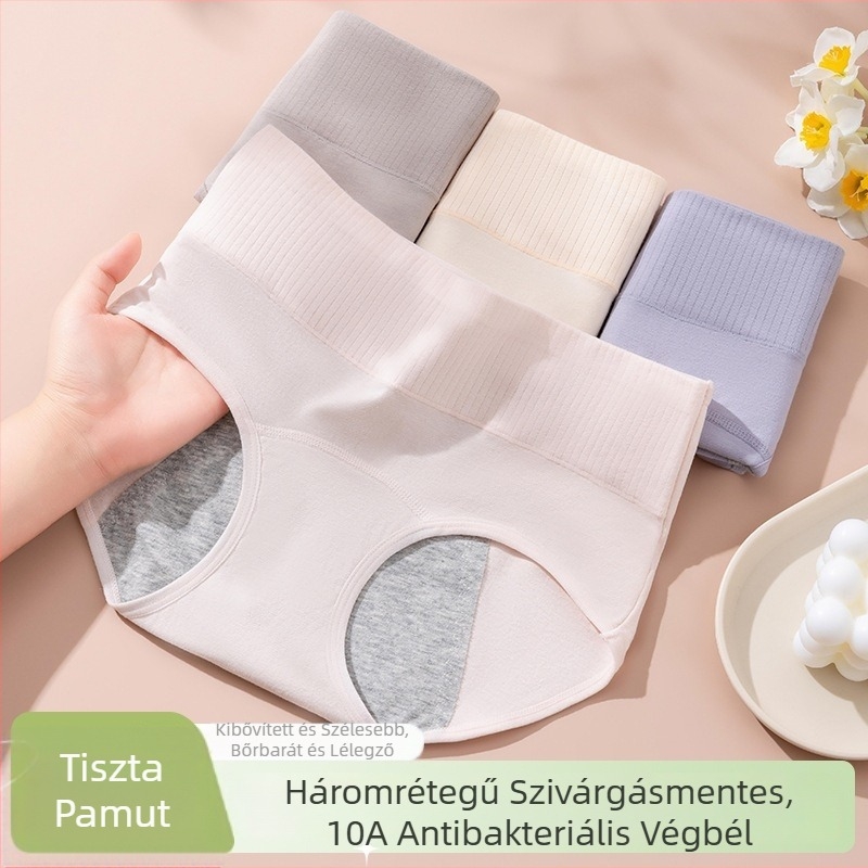 Női menstruációs fehérnemű antibakteriális, 3 rétegű szivárgásmentes védelem, magas derekú; fő anyag 95% pamut, ágyék belső része 100% pamut