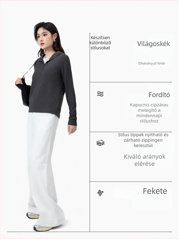 Női fél-zip kapucnis felső, bolyhos vastag velúr textúra, keverék regenerált cellulóz és akril rostokból, szabályos szabás, hosszú ujjú