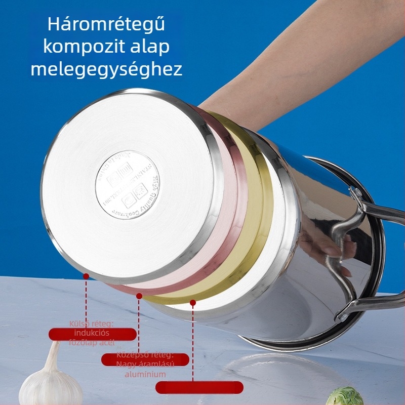 304 rozsdamentes acélból készült mély sütőedény — összetett aljzattal, többfunkciós konyhai edény általános tűzhelyhez