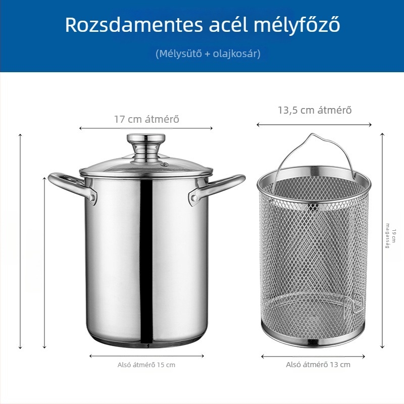 304 rozsdamentes acélból készült mély sütőedény — összetett aljzattal, többfunkciós konyhai edény általános tűzhelyhez