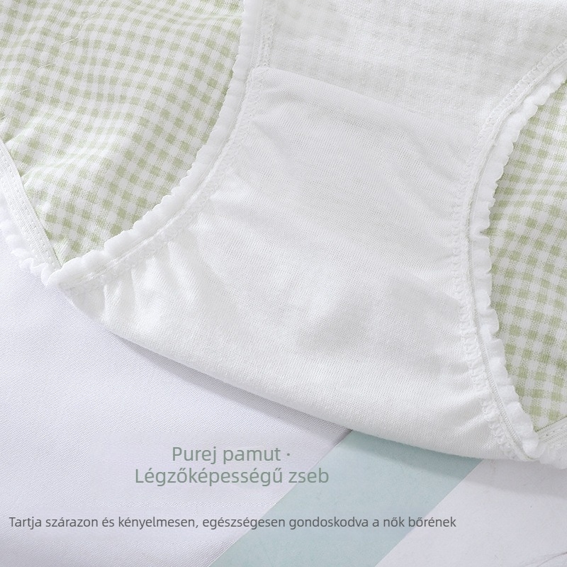 Női menstruációs fehérnemű középmagas derekú, 95% pamut, bélés 100% pamut, kockás mintázat, védelem a szivárgások ellen