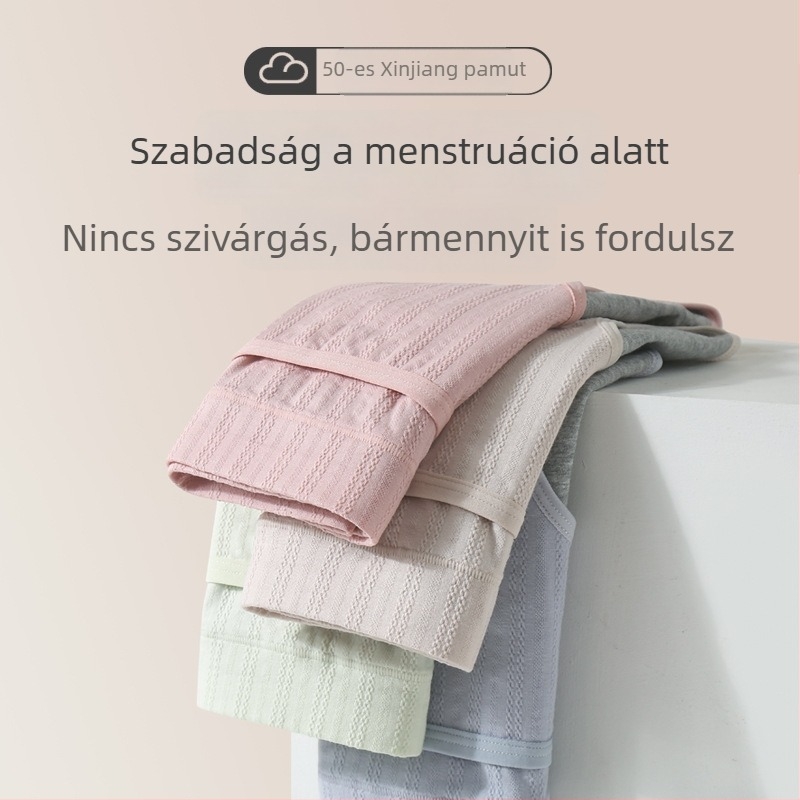 Női tiszta pamut magas derekú menstruációs alsónemű, légáteresztő; előre és hátra véd az ürítés ellen; fő anyag 95% pamut, ágyéki rész 90% pamut