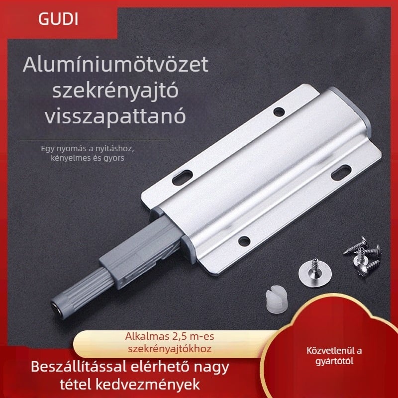 Alumínium ötvözet visszahúzó mechanizmus szekrényajtókhoz és gardróbokhoz – fogantyú nélküli, önzáró mechanizmus, elektroplattolt felülettel