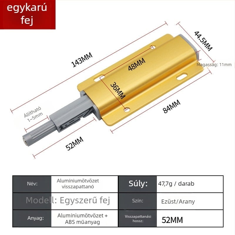 Alumínium ötvözet visszahúzó mechanizmus szekrényajtókhoz és gardróbokhoz – fogantyú nélküli, önzáró mechanizmus, elektroplattolt felülettel