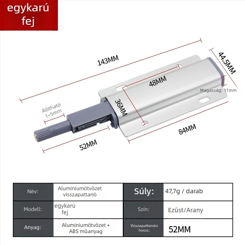 Alumínium ötvözet visszahúzó mechanizmus szekrényajtókhoz és gardróbokhoz – fogantyú nélküli, önzáró mechanizmus, elektroplattolt felülettel