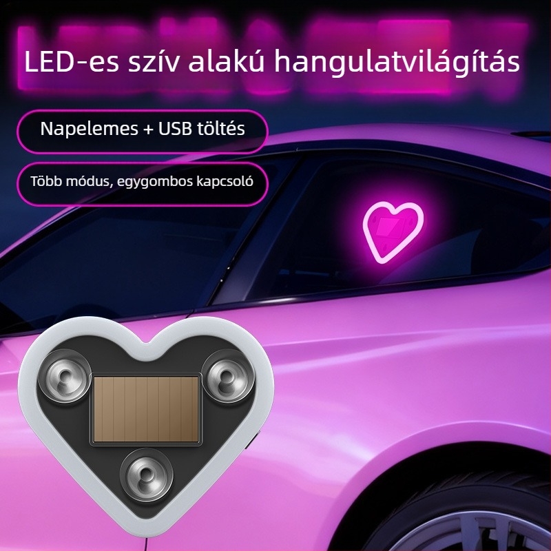 Autó belső atmoszferikus LED fény a C-oszlophoz, háromszög alakú szívFormájú fény, vezeték nélküli neonhatás, ABS anyag, 0,5 W, 5 V, szívócsésze rögzítés, univerzális illeszkedés