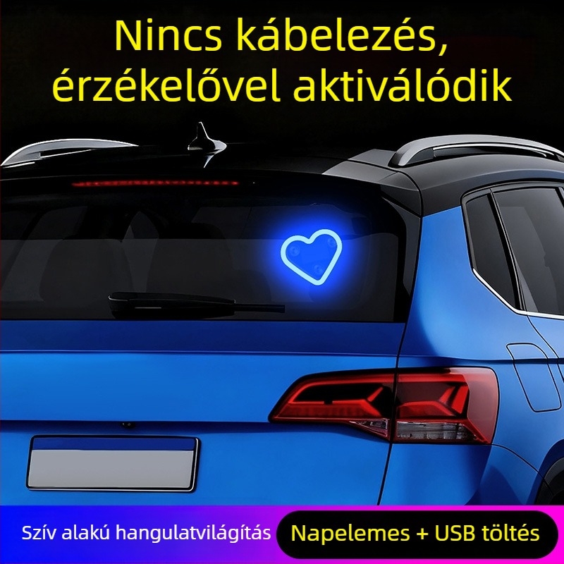 Autó belső atmoszferikus LED fény a C-oszlophoz, háromszög alakú szívFormájú fény, vezeték nélküli neonhatás, ABS anyag, 0,5 W, 5 V, szívócsésze rögzítés, univerzális illeszkedés