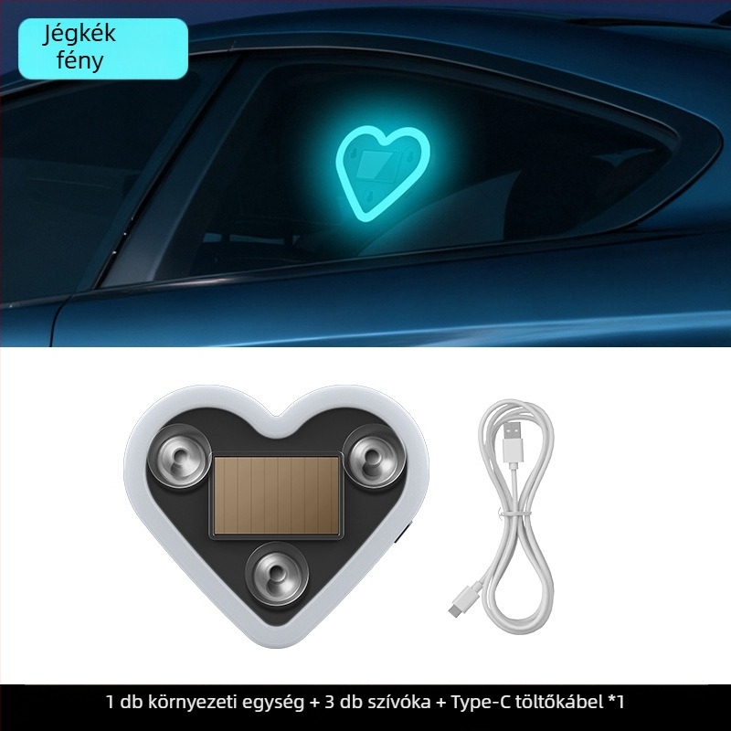 Autó belső atmoszferikus LED fény a C-oszlophoz, háromszög alakú szívFormájú fény, vezeték nélküli neonhatás, ABS anyag, 0,5 W, 5 V, szívócsésze rögzítés, univerzális illeszkedés