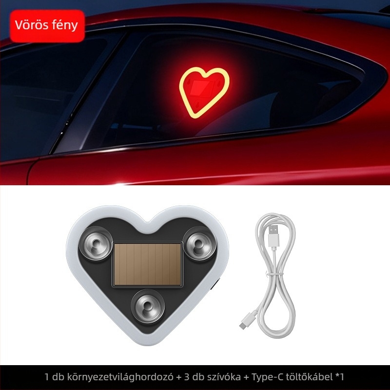 Autó belső atmoszferikus LED fény a C-oszlophoz, háromszög alakú szívFormájú fény, vezeték nélküli neonhatás, ABS anyag, 0,5 W, 5 V, szívócsésze rögzítés, univerzális illeszkedés