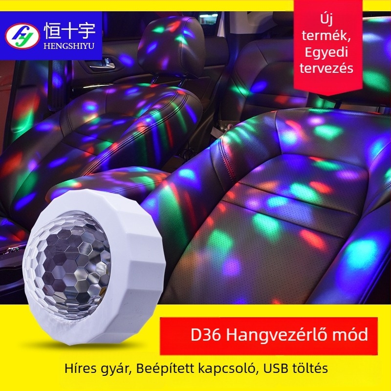 Autó belső USB RGB LED atmoszférikus világítás hangvezérléssel és zenei ritmussal, modell D36, 3W, 5V, 1A, PC ház