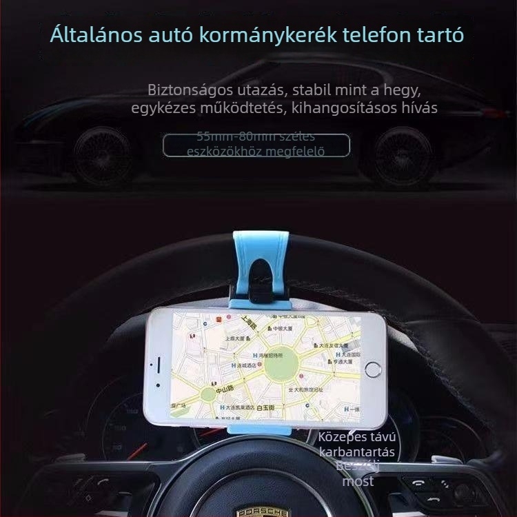 Autó kormánykerék telefon tartó, hordozható műanyag tartó, kormánykerék modell, általános kompatibilitás, testreszabás támogatott