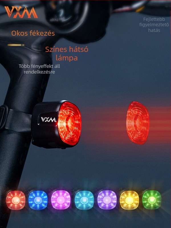 Kerékpár hátsó lámpa intelligens szenzorral és figyelmeztető fényjelzéssel, USB töltés, 250 mAh akkumulátor, 6 mód, VXM