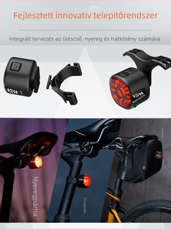 Kerékpár hátsó lámpa intelligens szenzorral és figyelmeztető fényjelzéssel, USB töltés, 250 mAh akkumulátor, 6 mód, VXM