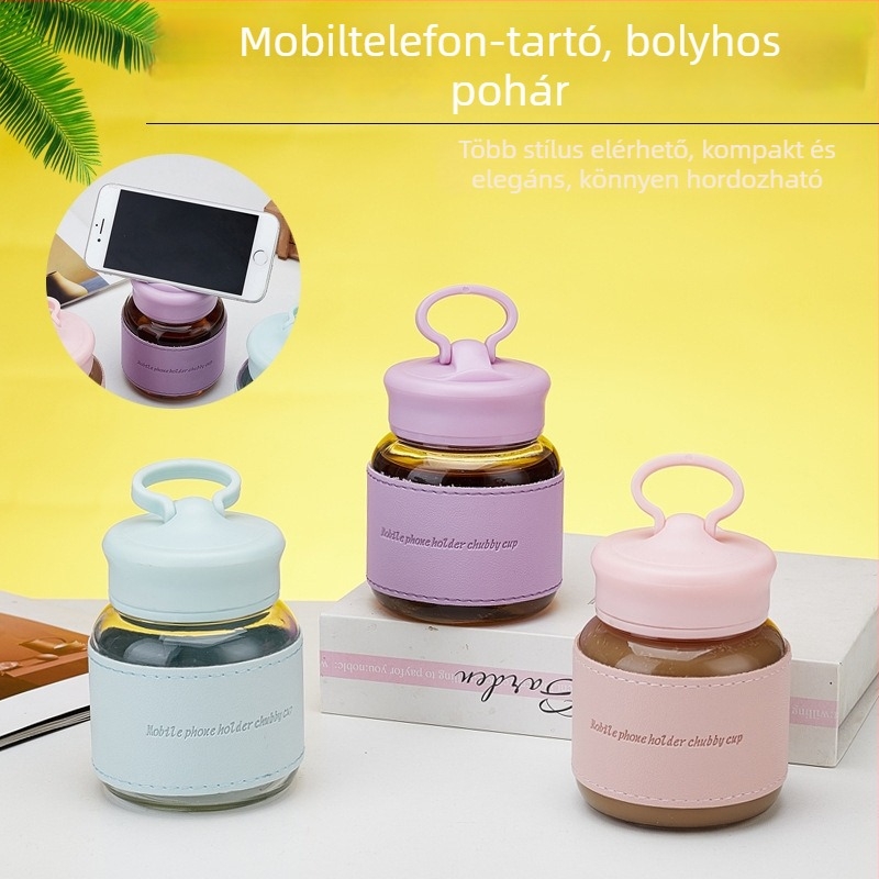 Szódalime üveg pohár fedéllel és telefon tartóval, kör alakú, egyfalú, szivárgásmentes és hőálló, logó nyomtatás lehetséges