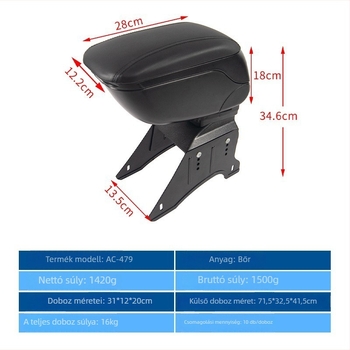 Carfu AC-479P univerzális műanyag kartámasz-tároló középkonzolhoz, állítható rendező, tömege 1,5 kg