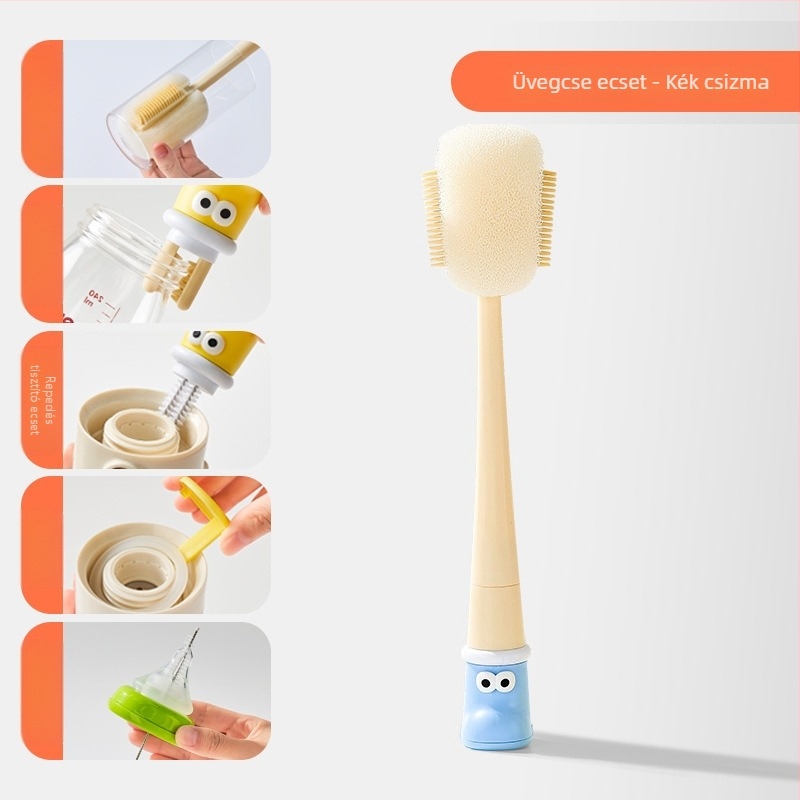 Hosszú nyelű pohártisztító kefe bababögrékhez, poharakhoz és szívókhoz; 3-in-1 tisztító a résekhez és a szivacshoz