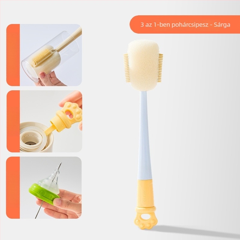 Hosszú nyelű pohártisztító kefe bababögrékhez, poharakhoz és szívókhoz; 3-in-1 tisztító a résekhez és a szivacshoz