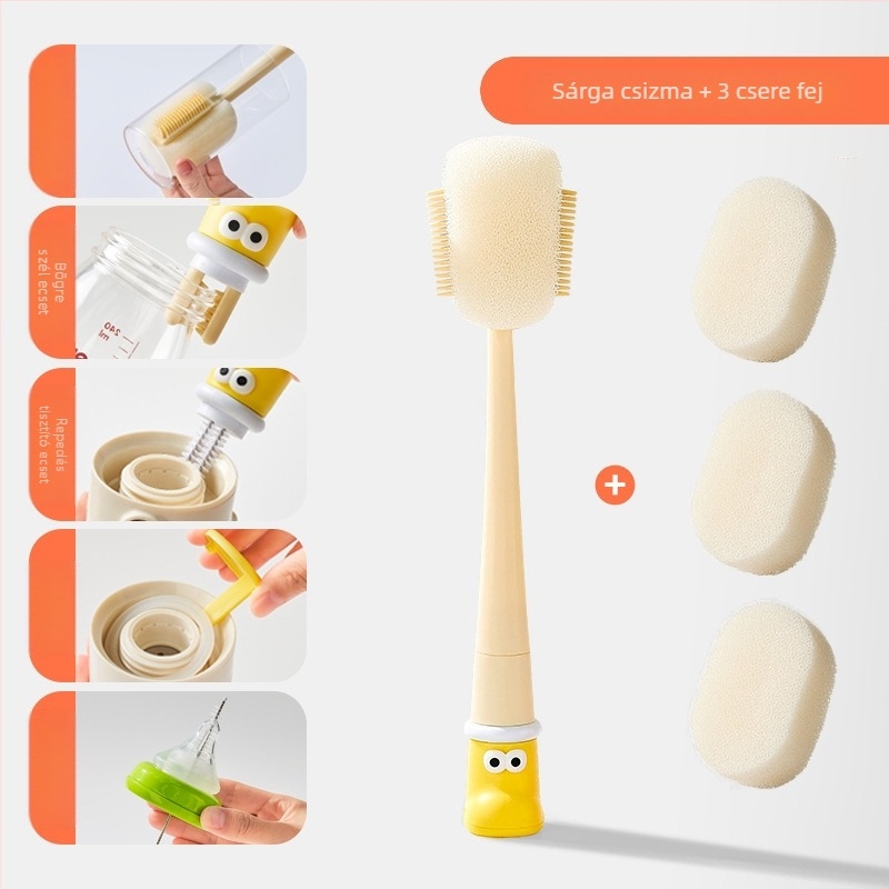 Hosszú nyelű pohártisztító kefe bababögrékhez, poharakhoz és szívókhoz; 3-in-1 tisztító a résekhez és a szivacshoz