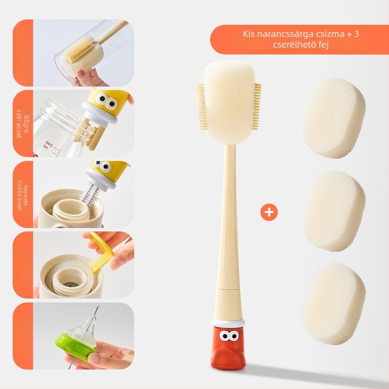 Hosszú nyelű pohártisztító kefe bababögrékhez, poharakhoz és szívókhoz; 3-in-1 tisztító a résekhez és a szivacshoz