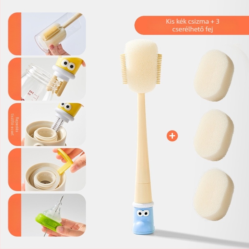 Hosszú nyelű pohártisztító kefe bababögrékhez, poharakhoz és szívókhoz; 3-in-1 tisztító a résekhez és a szivacshoz