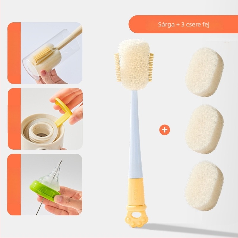 Hosszú nyelű pohártisztító kefe bababögrékhez, poharakhoz és szívókhoz; 3-in-1 tisztító a résekhez és a szivacshoz
