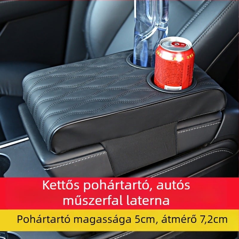 Autó belső kartámasz párna kettős pohártartóval, bőr borítással, univerzális illeszkedés — modell 3218, tömeg 480 g, származás Guangzhou