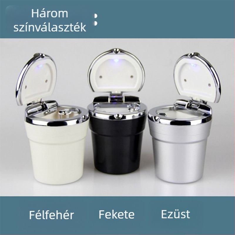 Függő autós hamutál fedővel, LED világítással, műanyagból és imitált fém anyagból, multifunkcionális belső kiegészítő