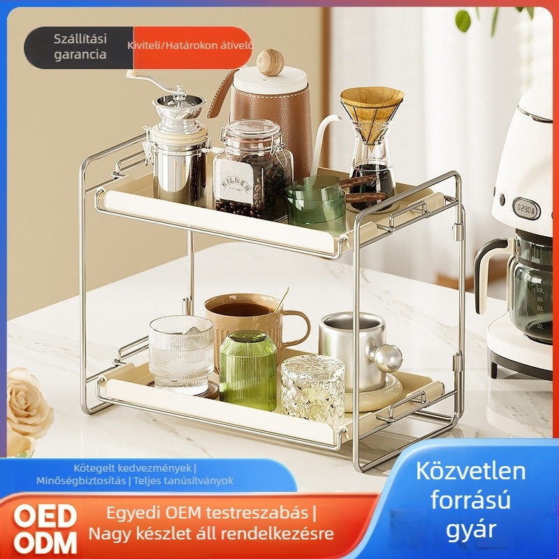 Asztali tároló polc kozmetikumok és poharak számára, összecsukható, két szintű, szénacélból