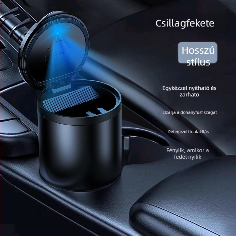 Autó hamutartó fedővel és beépített fénnyel, modell YH-1, fém, magas hőmérséklet-álló, 138 g