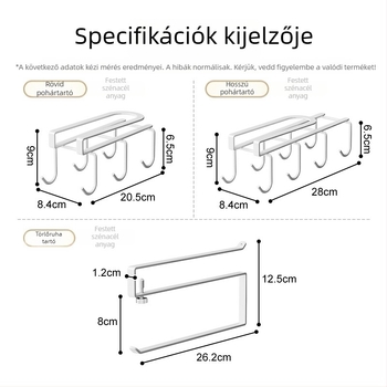 Fali pohártartó, szénacélból, akasztó típusú szerelés, modern és minimalist stílus, többfunkciós konyhához és nappaliba