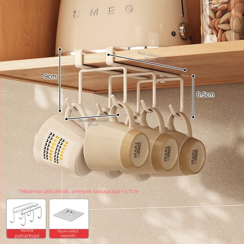 Fali pohártartó, szénacélból, akasztó típusú szerelés, modern és minimalist stílus, többfunkciós konyhához és nappaliba