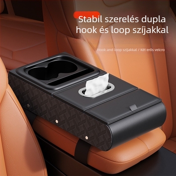 Bőr autókartámasz szervező – multifunkcionális tároló doboz szalvétatartóval, pohártartóval, telefon-tartóval és középső kartámasz párnával (univerzális illesztés)
