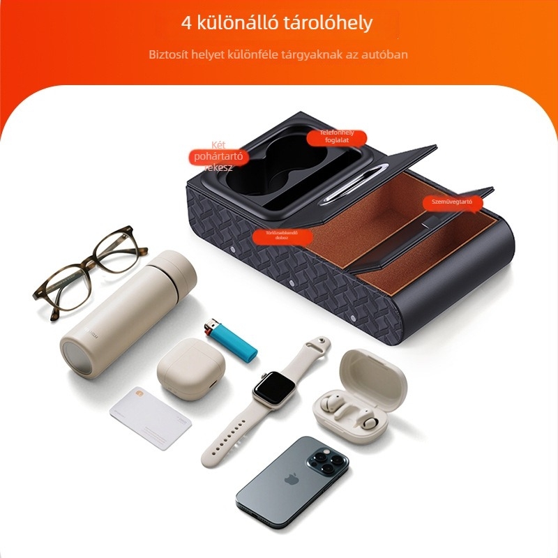 Bőr autókartámasz szervező – multifunkcionális tároló doboz szalvétatartóval, pohártartóval, telefon-tartóval és középső kartámasz párnával (univerzális illesztés)