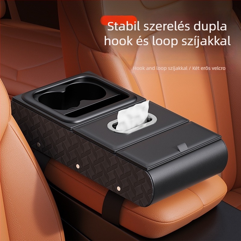 Bőr autókartámasz szervező – multifunkcionális tároló doboz szalvétatartóval, pohártartóval, telefon-tartóval és középső kartámasz párnával (univerzális illesztés)