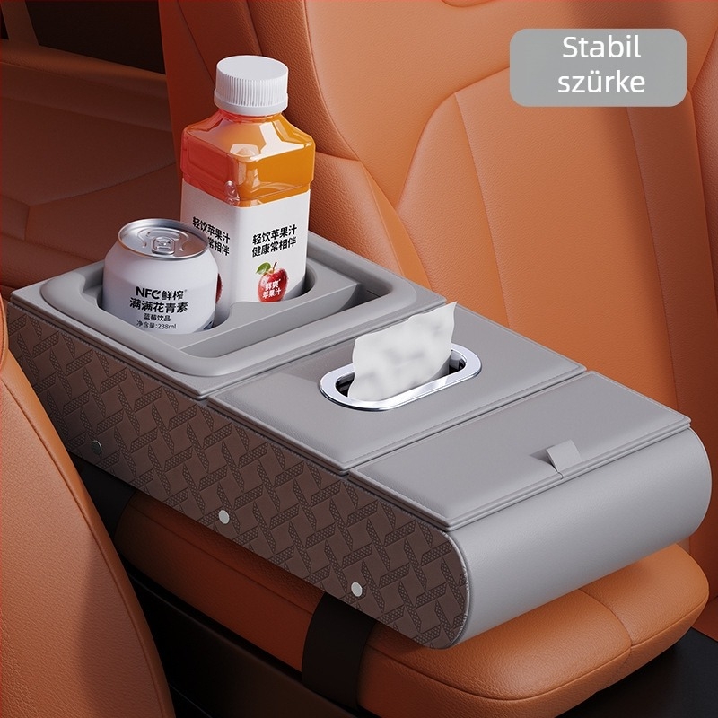 Bőr autókartámasz szervező – multifunkcionális tároló doboz szalvétatartóval, pohártartóval, telefon-tartóval és középső kartámasz párnával (univerzális illesztés)