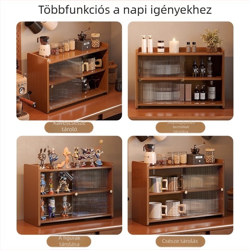 Csészetartó – asztali háromszintes polc kávés, teás és víz poharakhoz; bambusz, akril és kompozit lemez; csavaros telepítés; többszintes tárolás.
