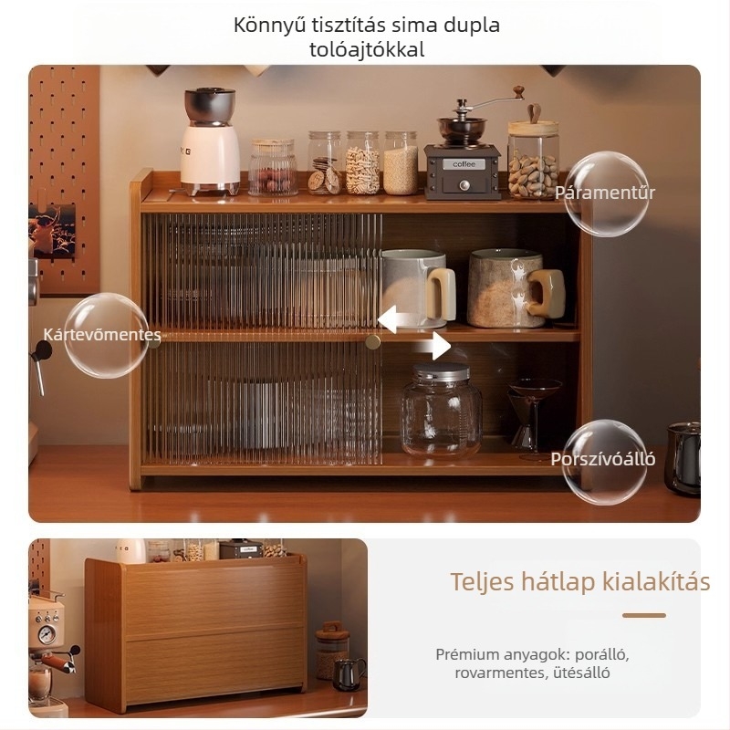 Csészetartó – asztali háromszintes polc kávés, teás és víz poharakhoz; bambusz, akril és kompozit lemez; csavaros telepítés; többszintes tárolás.