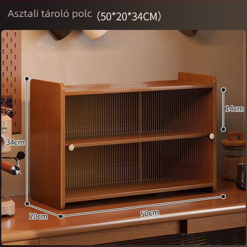 Csészetartó – asztali háromszintes polc kávés, teás és víz poharakhoz; bambusz, akril és kompozit lemez; csavaros telepítés; többszintes tárolás.