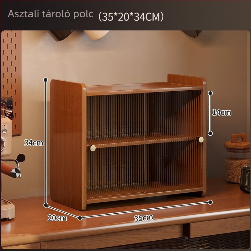 Csészetartó – asztali háromszintes polc kávés, teás és víz poharakhoz; bambusz, akril és kompozit lemez; csavaros telepítés; többszintes tárolás.