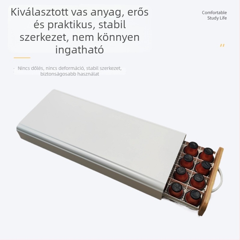 Fiókos kávékapszula tartó, nagy kapacitású porvédett asztali rendező, összecsukható, mozgatható, multifunkcionális