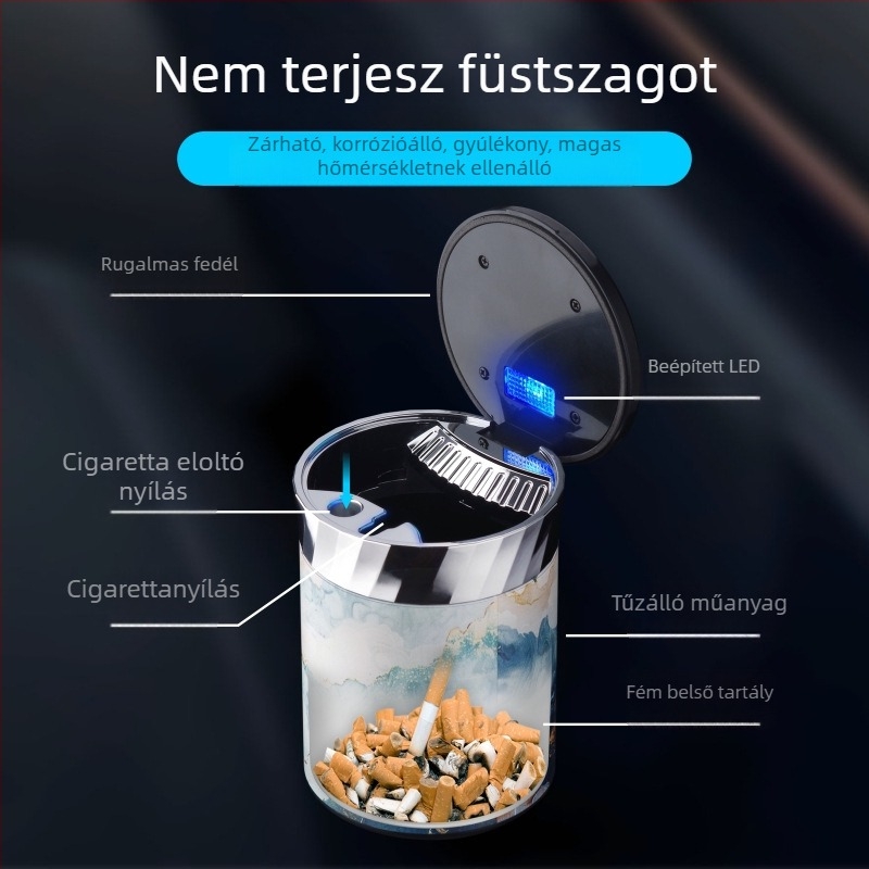 FOGSON autós hamutál kupakkal és LED-vel, fémből, hordozható, többfunkciós, tároló