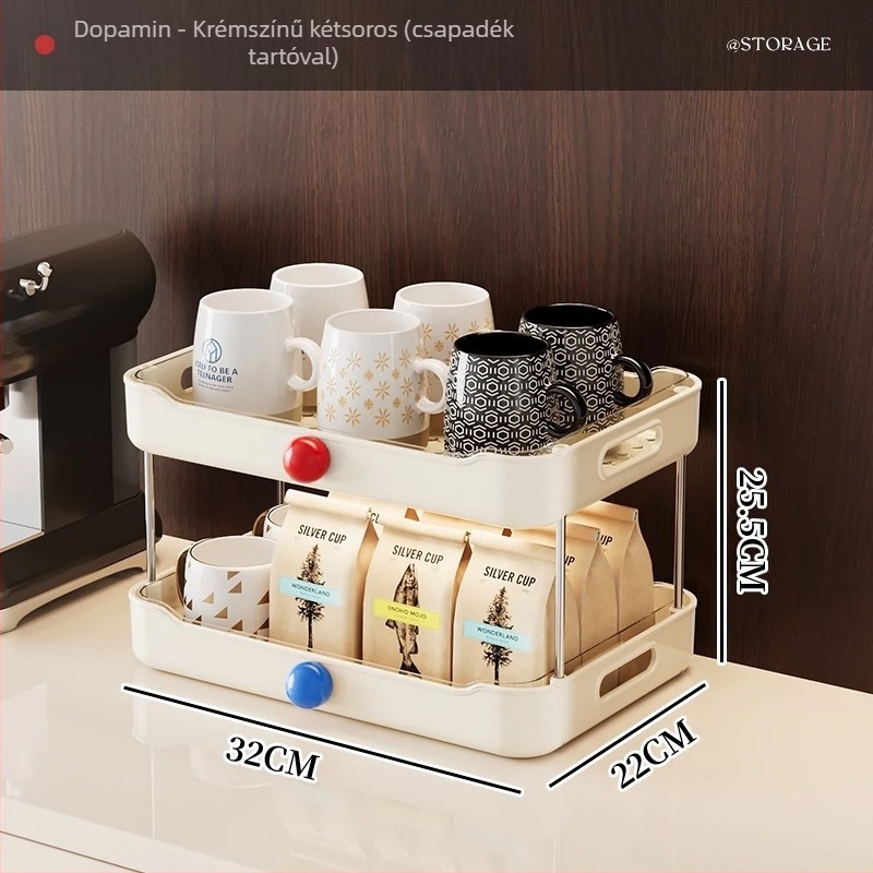 Asztali pohártároló állvány, 3 rétegű, műanyag, nedvességálló, drenázs funkcióval, modern minimalist stílus, modell 7593