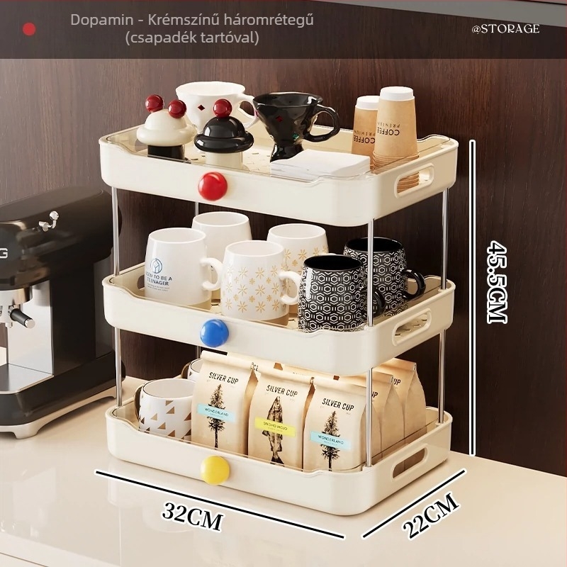 Asztali pohártároló állvány, 3 rétegű, műanyag, nedvességálló, drenázs funkcióval, modern minimalist stílus, modell 7593